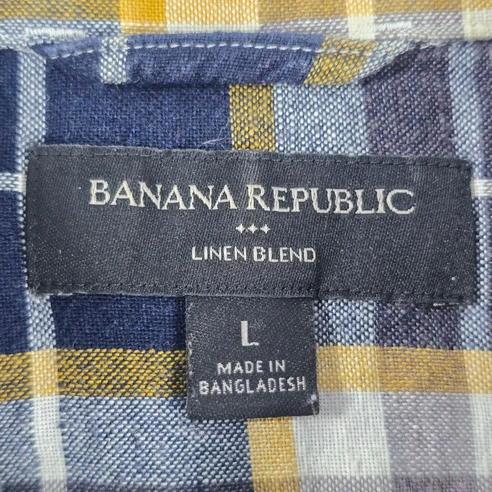 Banana Republic Mens L Linen Plaid Short Sleeve‎ Button Down Shirt Navy Yellow